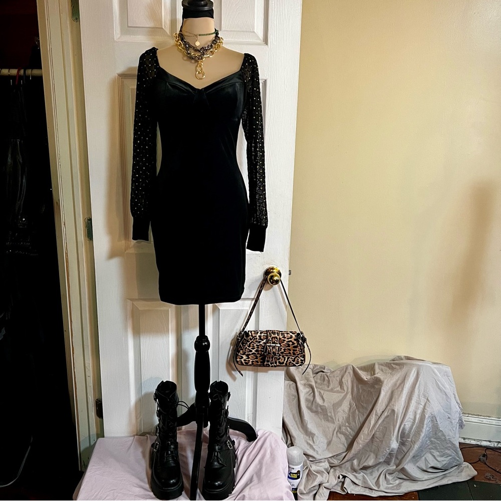 Velvet Sheer Gothic moulded Bust Metallic Dots Mini Bodycon Dress S